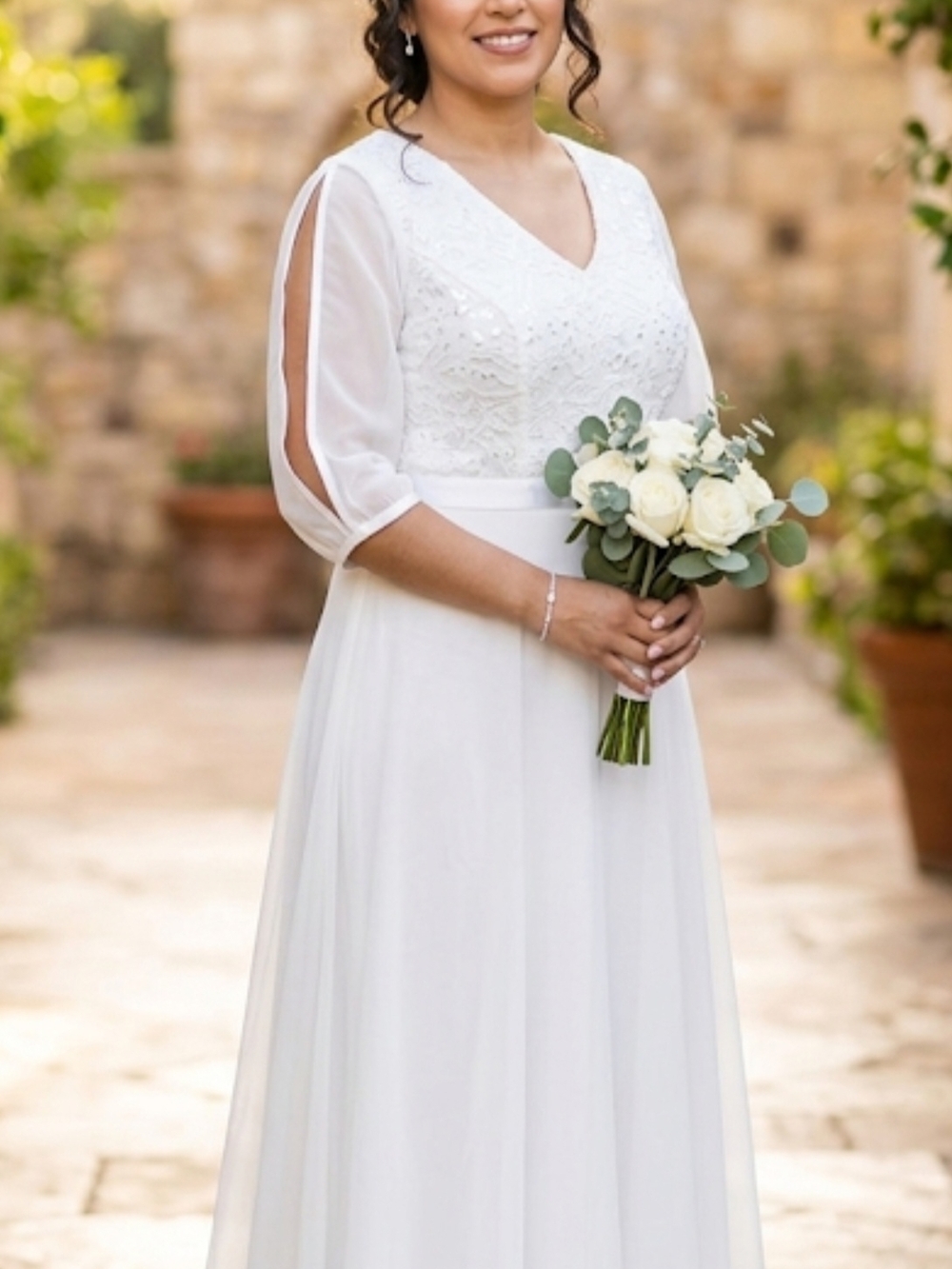 Graceful White V-Neck Bridal Gown with Sheer Split Sleeves